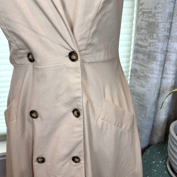 Women's 12 Linen Blend Double Breasted Fit & Flare Dress Tan Cap Sleeve Pockets - Picture 5 of 14